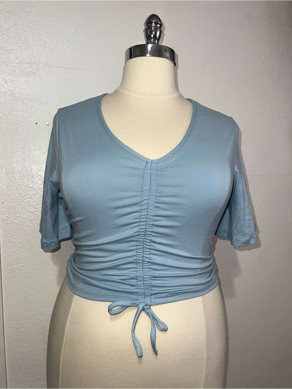 Light Blue Ruched V-Neck Crop Top with Tie Front